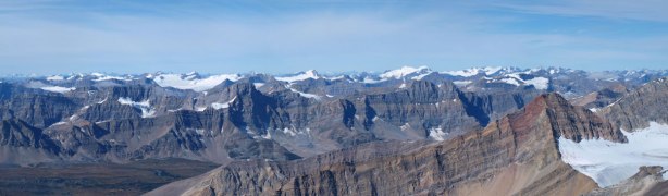 Familiar peaks on Wapta Icefield on left; Freshfield Icefield on right