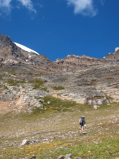 We followed this grassy slope aiming climber's left