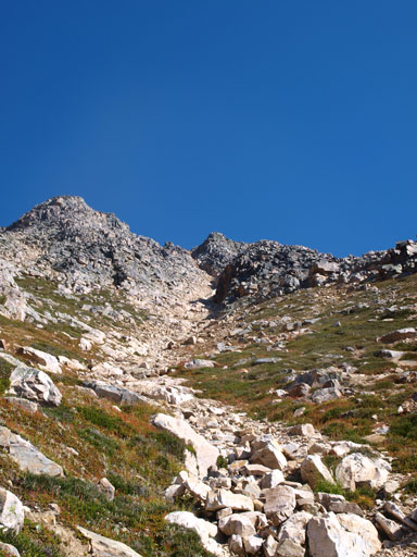 Looking up our ascend gully. It's the leftmost of all possible gullies