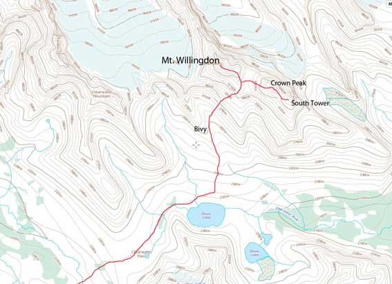 Ascent route for Mt. Willingdon, Crown Peak and South Tower