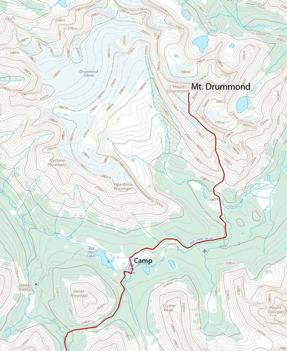 Mt. Drummond ascent route via south gully