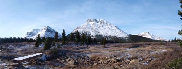 Another panorama from the flats, showing Fossil Mountain and Skoki Mountain