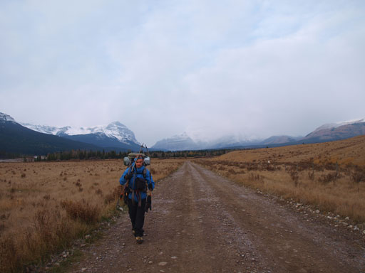 The long hike back. Wapiti Mountain in the background obscured in clouds.