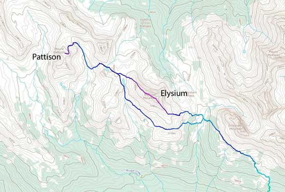 Elysium Mountain to Mt. Pattison winter traverse route