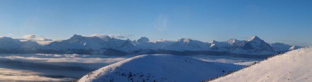 Panorama of the peaks on the other side of highway. Highest is Mount Geikie.