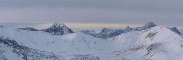 The impressive peak on left side is Mt. Hardisty. The big one pokes behind on right side is Edith Cavell
