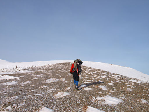Hiking up the broad scree band