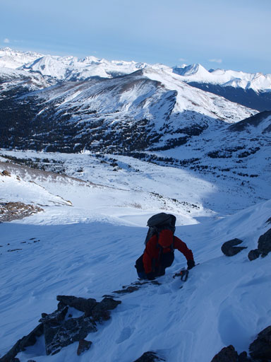 Scrambling up a short rock band