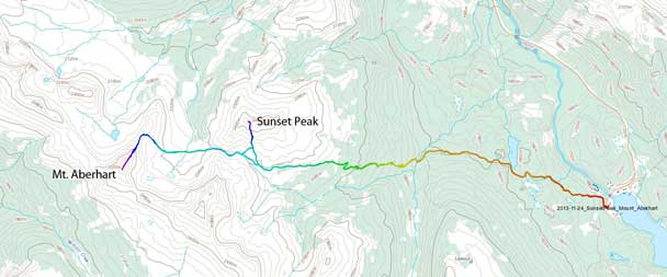 Sunset Peak and Mt. Aberhart snowshoe ascent route