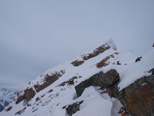 This is the crux band. The obvious snow break was near vertical and I had to descend for quite a ways to bypass this obstacle.