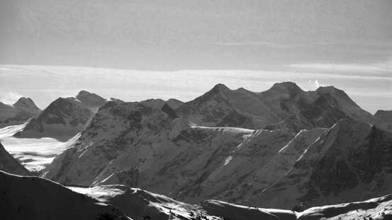 Mt. Dawson massive is the 2nd highest peak in the Selkirks. Deville Neve on left