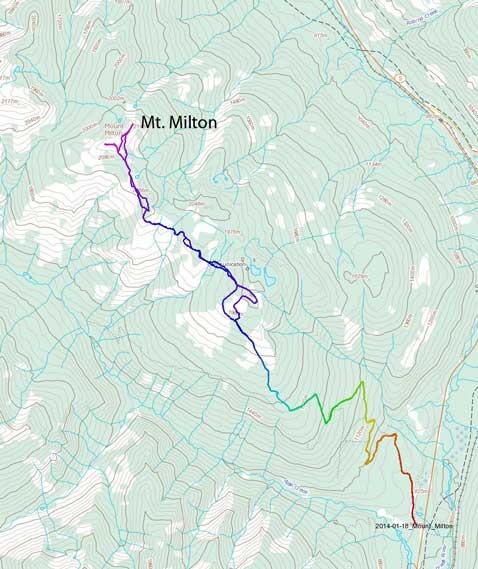 Mt. Milton ascent route via Allan Creek snowmobile road