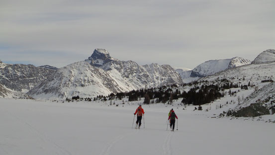 Skiing across Ptarmigan Lake. Mt. St. Bride in the background.