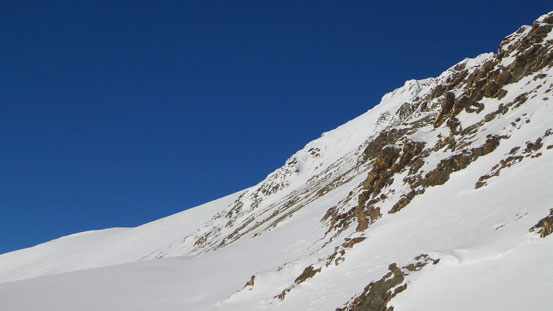 We'd ski towards the scree slope at center of this photo