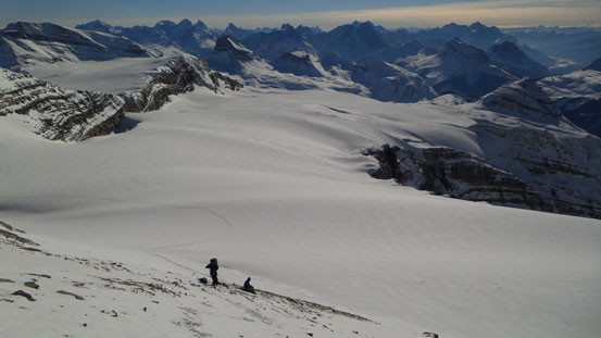 Looking back from above this scree slope. Our skin tracks are visible