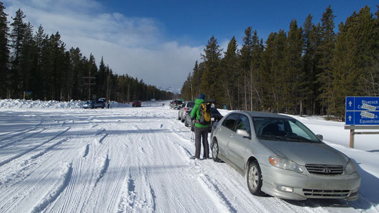 At the Sheep River Road's winter closure gate. We would turn left and park at the low parking lot