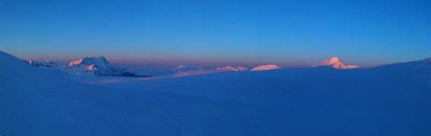 Panorama of the Columbia Icefield at alpenglow