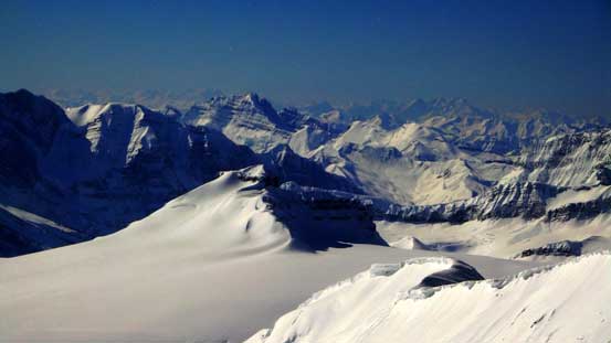 Castleguard Mountain looks tiny from here. Behind is the sexy Cockscomb Mountain