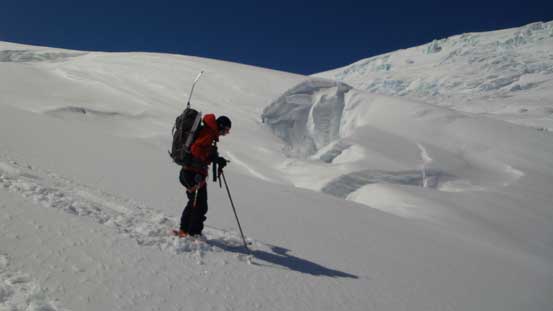 Ben maneuvering around big open crevasses