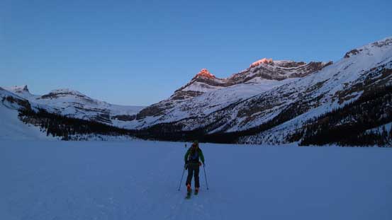 Skinning across Bow Lake in the morning. Alpenglow on Portal and Thompson