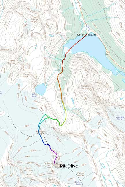 Mt. Olive standard ascent route from Bow Hut