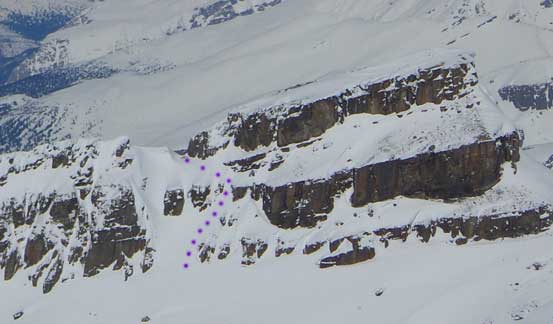 The purple dots show our route up the gullies. Photo taken from Mt. Collie in the previous week.
