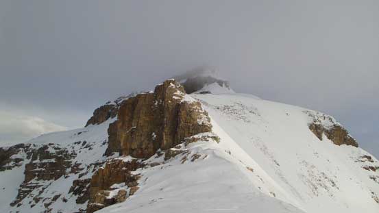 Exiting the snow arete, looking ahead. I took the rock route while Vern bypassed the rock on snow, climber's right