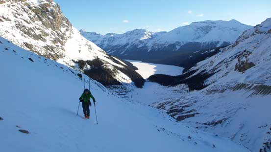 Vern traversing a steep slope. Near the crest of the moraine now.