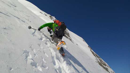 Vern down-climbing and traversing north facing slope