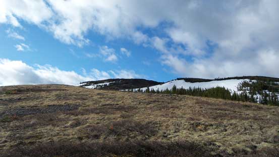 Looking up the broad slope to ascend.