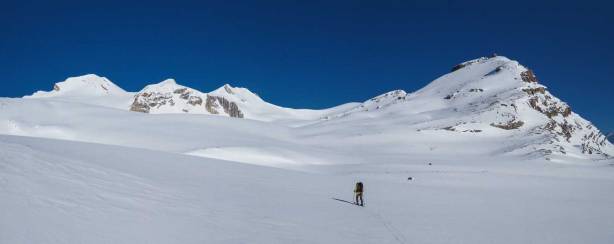 Me skiing towards our objective. Photo by Vern