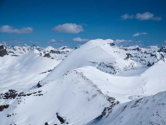 Mistaya Mountain looks great from here. It's a summer ascent via Caldron Lake.