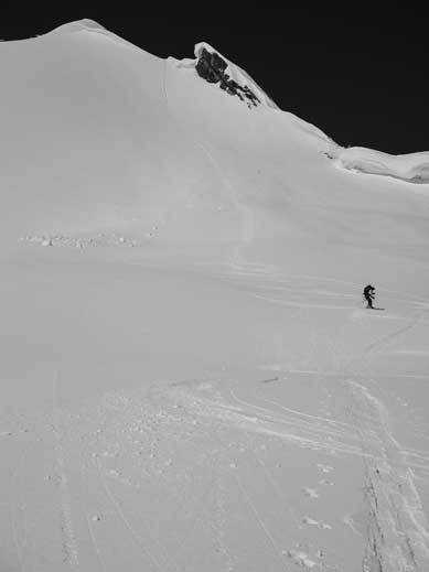 Me skiing down. You can also see our tracks. Photo by Vern