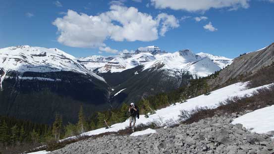 Terrain starts to open up. Behind Ben is Mt. Saskatchewan
