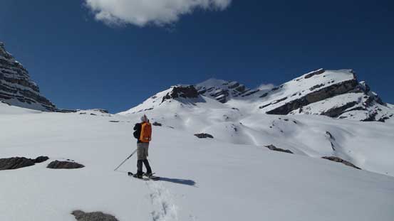 Ben leading the way, aiming towards the distant rock fin