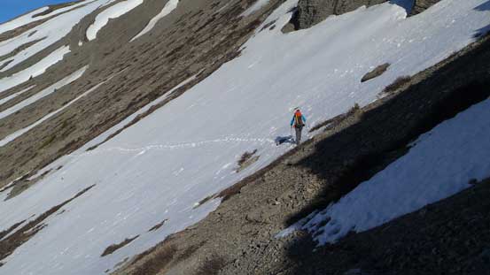Side-sloping across scree and snow
