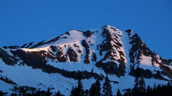 Alpenglow on Grizzly Mountain. The rightmost couloir is Grizzly Couloir.