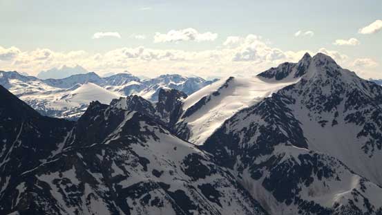 The twin summits of Avalanche Mountain on right. Behind on the left skyline is Mt. Goodsir