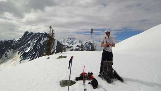 Taking a break. Cheops Mountain behind.