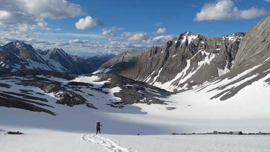 Plunging down another slope, with Mt. Marlborough behind