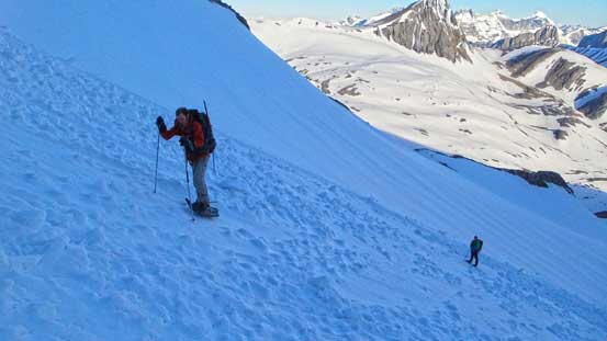 Ben and Vern snowshoeing up avalanche debris