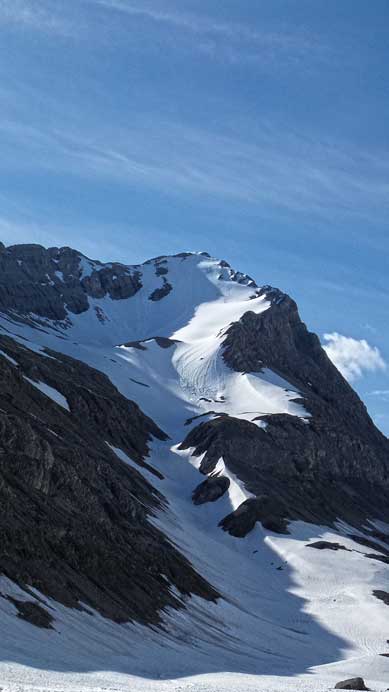 A look back at our obvious ascent route up Mt. Marlborough.