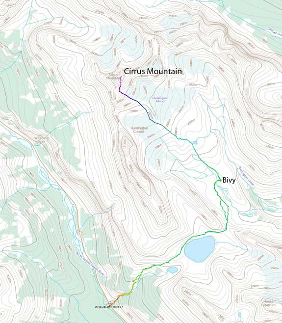 Cirrus Mountain ascent route via Coleman Lake