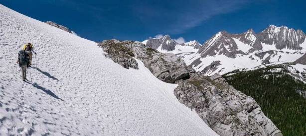 Me and Ben crossing the exposed snow slope. Photo by Vern. 