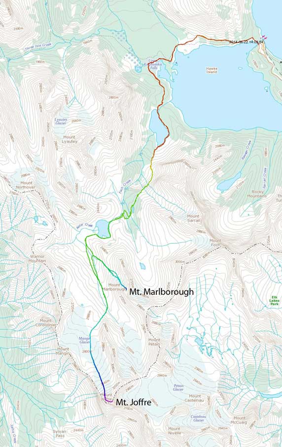 Approach and ascent route for Mt. Joffre and Mt. Marlborough
