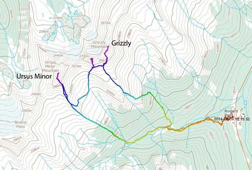 Ursus Minor Mountain and Grizzly Mountain ascent route