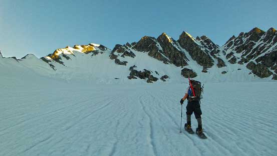 Ben snowshoeing up Swiss Glacier. Our ascending gully is just left of center