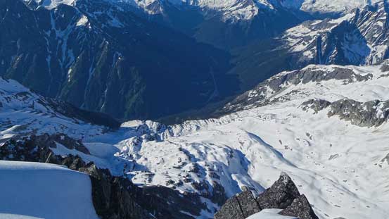 Looking down at Hermit Meadows, and way down at Highway 1 and Rogers Pass