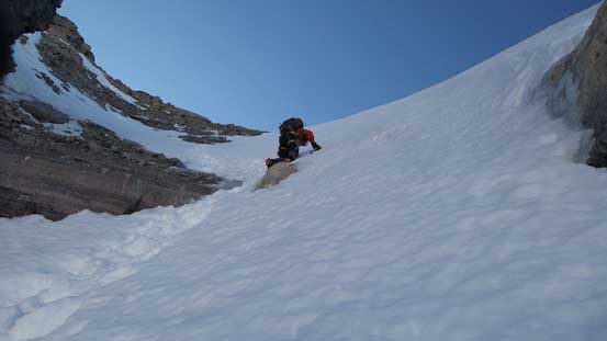 Ben down-climbing the upper gully. Just below him was a thin/icy spot