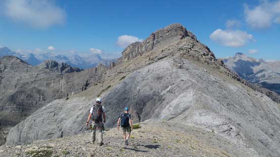 Descending easy terrain from Peak 3. The summit of Goat Mountain is ahead